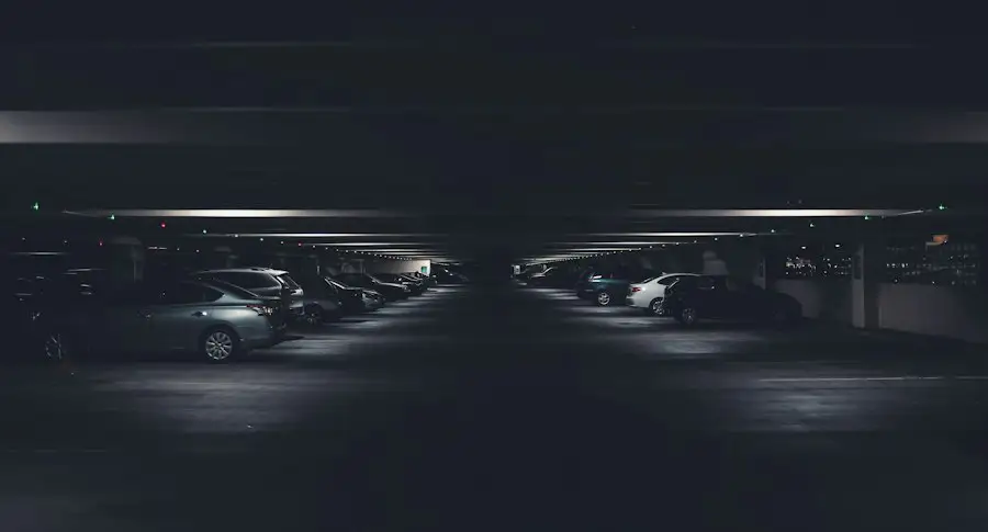 Parking garage interior at night