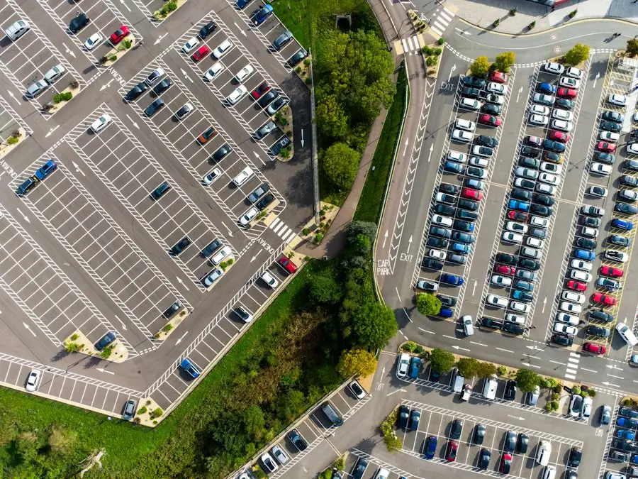 Aerial view of a busy parking lot