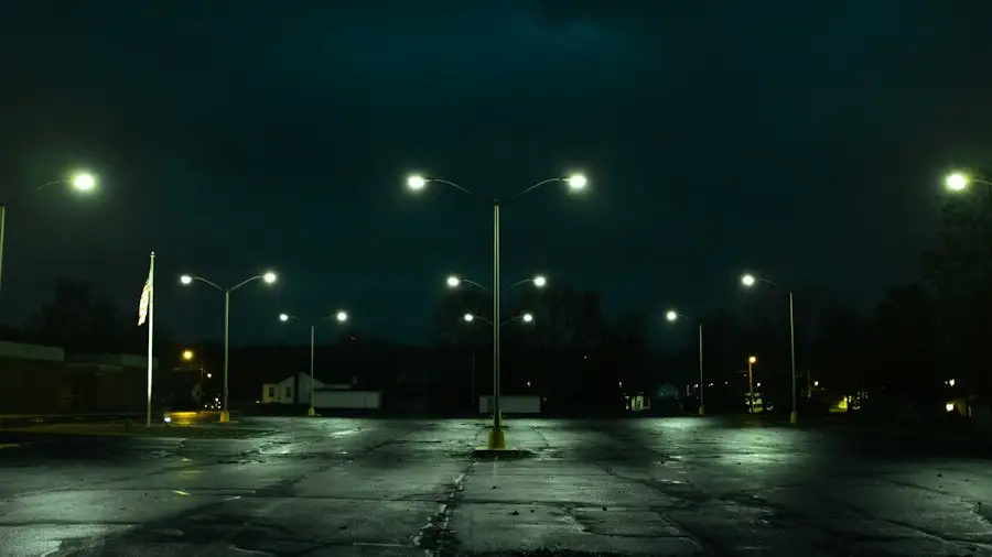 Lit commercial lot at night under camera coverage